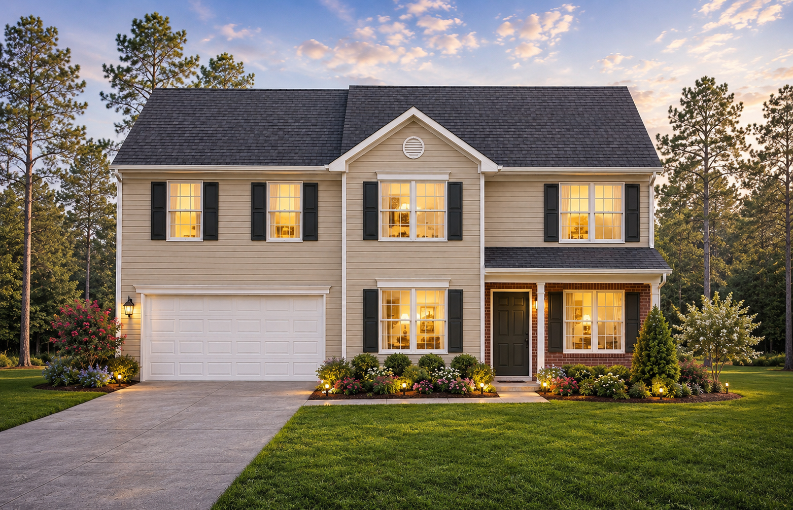 The Michael two-story home with tan siding, black shutters, and brick accents at dusk