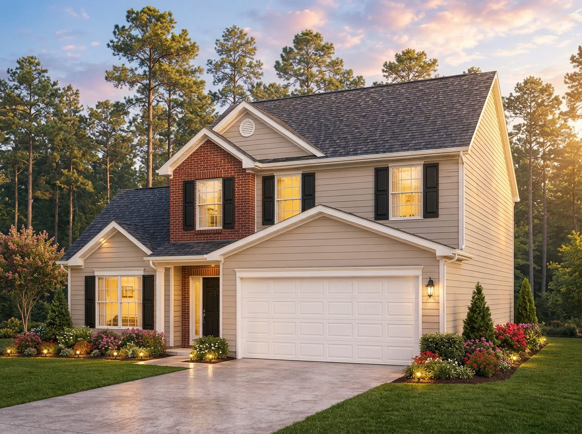 The 1760 floor plan shown from a three-quarter angle at dusk, featuring tan siding, red brick accents, black shutters, and warm interior lighting